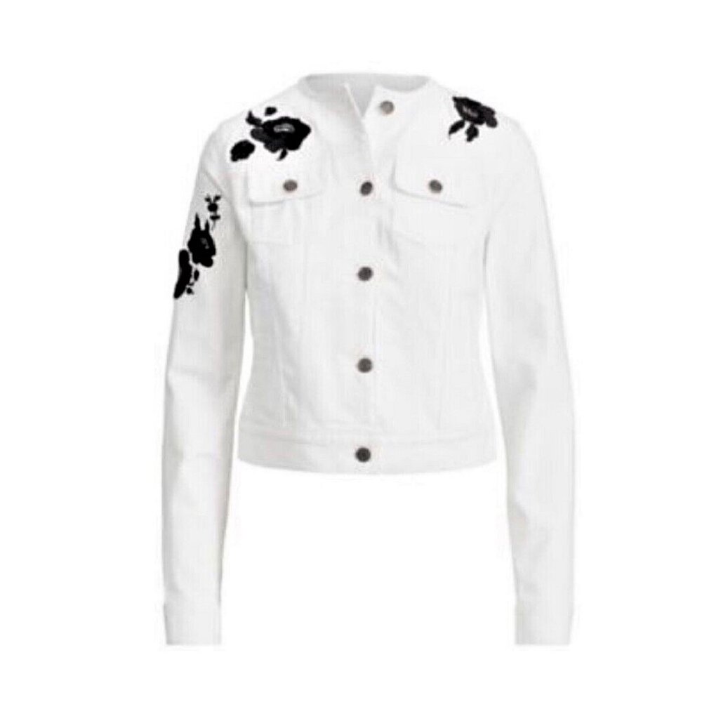 Sz XL Ralph Lauren Alabaster Wash WHITE Denim Fitted Jacket w/ BLACK Embroidery
